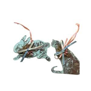 Set of 2 metal bunny and cat 1990’s ornaments